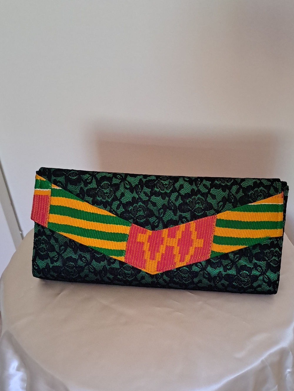 Green  and  Black Floral Jacquard Envelope Clutch with Colorful Woven Accent